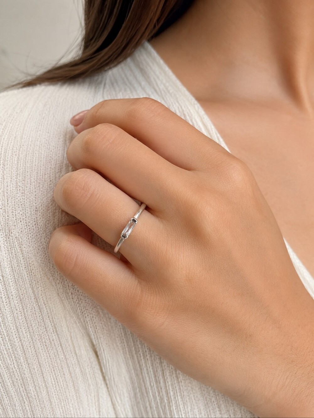 Sterling Silver Baguette CZ Ring – Approx. Size 6 – Minimalist Stackable